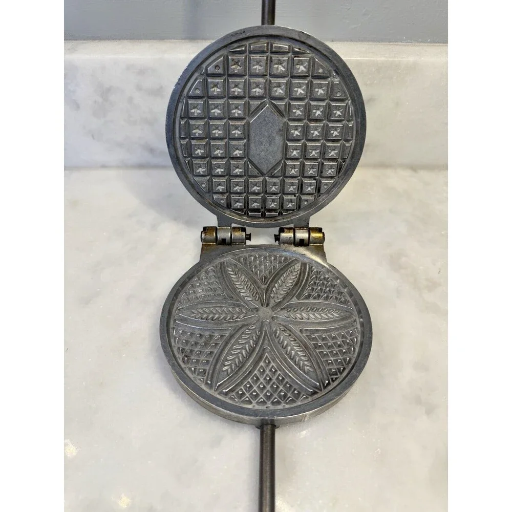 Vintage Cast Aluminum Cookie Press Mold Waffle with Iron and Wood Handle